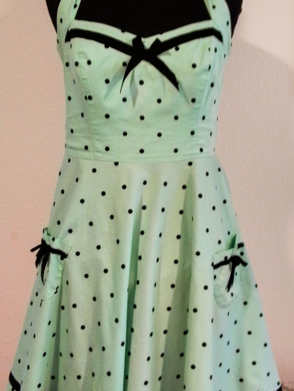 HELL BUNNY Mint Green Polka Dot Rockabilly Dress w/Black Velvet Trim & Pockets